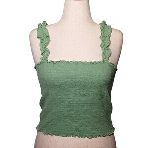 NEW Aerie Jungle Thrills Smocked Tank Top Green Crop Top Lettuce Edges/Straps XL